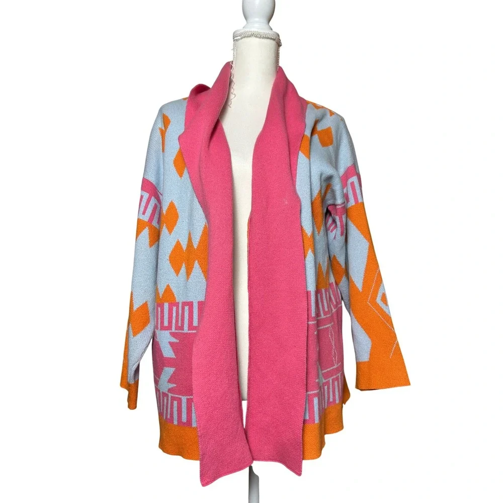 Shannon Passero Open Front Cardigan Sweater Aztec Geometric Pink Orange Blue S/M